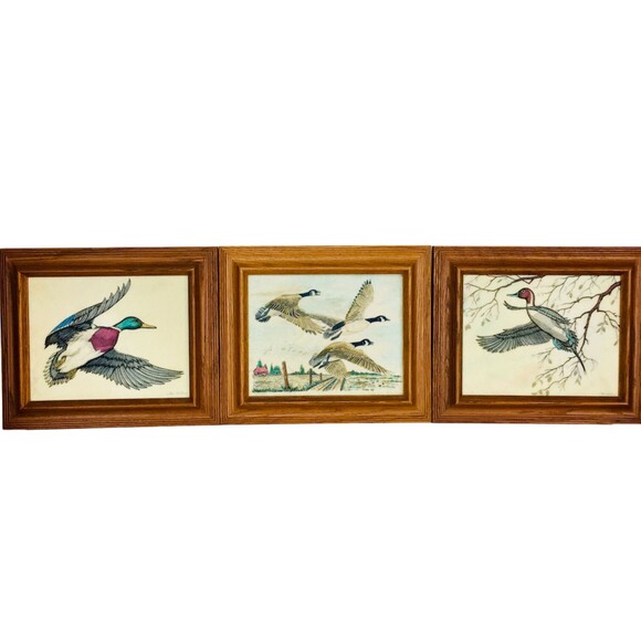 Vintage Mallard Duck In Flight With Tree Branches & Leaves Marble Etching Signed - Picture 2 of 7